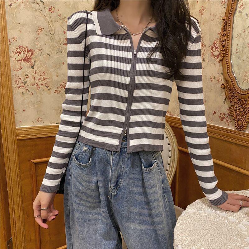 Collared Striped Zip-Up Cardigan Product Image