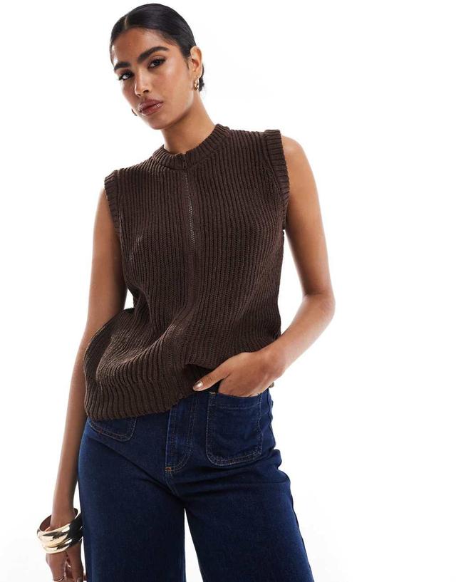 ASOS DESIGN knit zip up tank top in chocolate Product Image