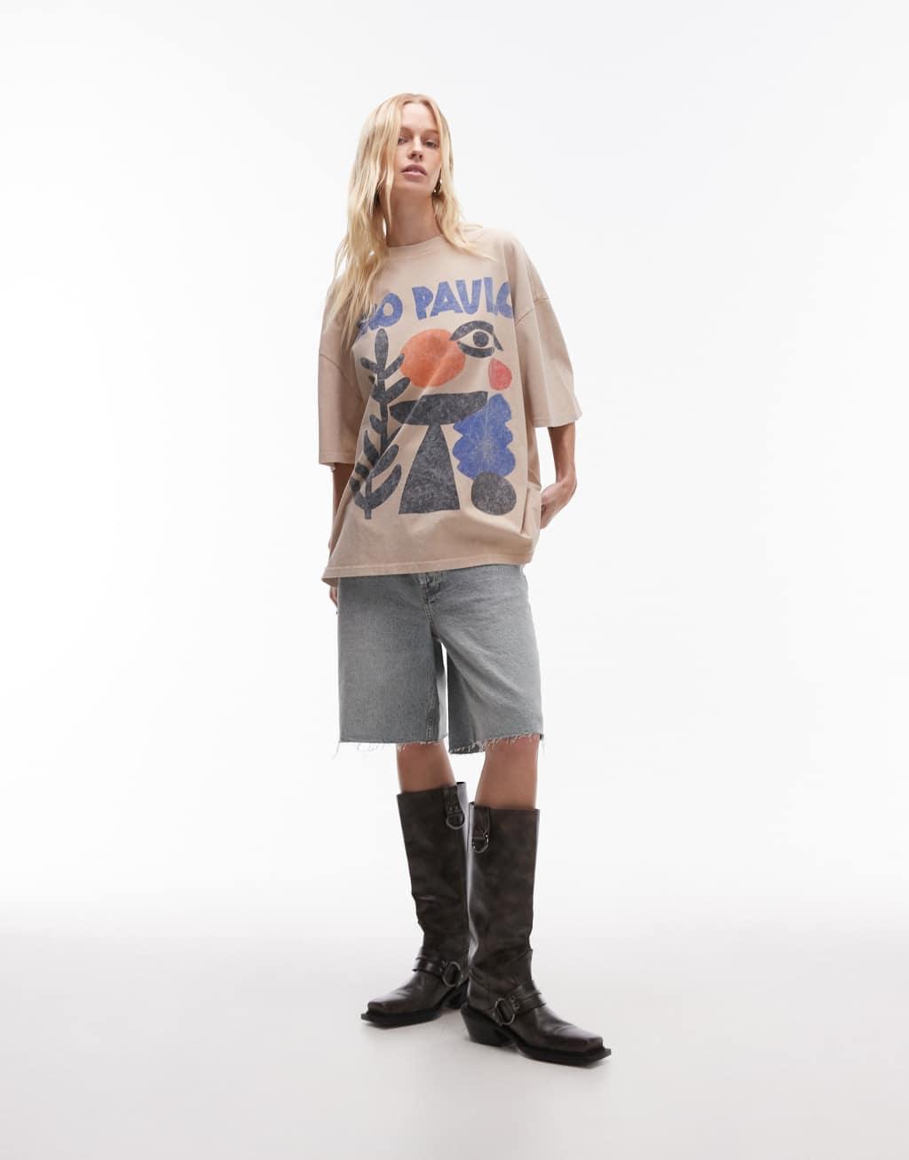 Topshop graphic Sao Paulo oversized tee in ecru Product Image