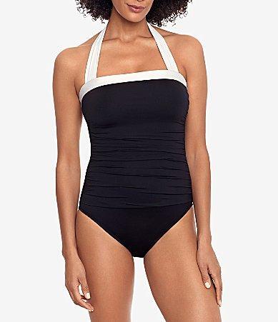 Lauren Ralph Lauren Bel Aire Shirred Contrast Trim Bandeau One Piece Swimsuit Product Image