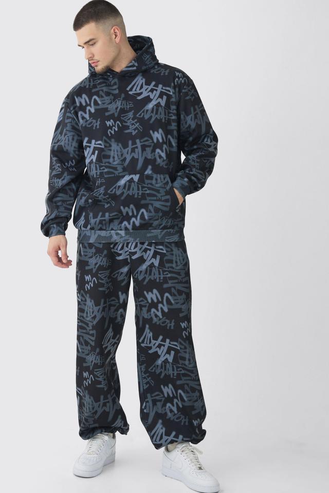 Tall Oversized Graffiti Print Hooded Wide Leg Tracksuit | boohooMAN USA Product Image