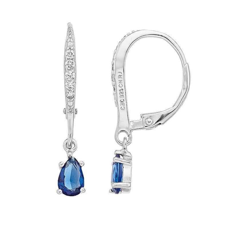 Sterling Silver Blue Cubic Zirconia Teardrop Hoop Drop Earrings, Womens Product Image