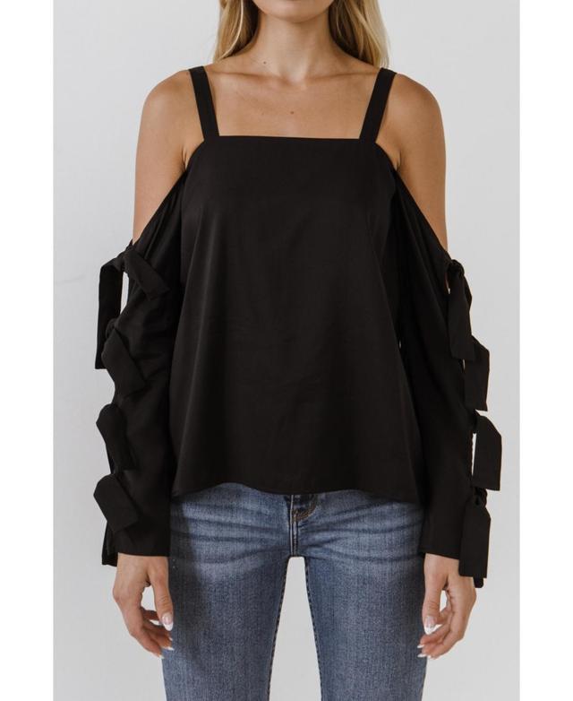 Womens Cold Shoulder Top with Tied Ribbon Sleeve Product Image