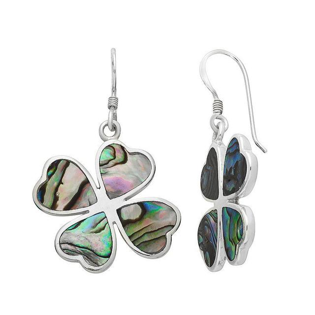 Sterling Silver Abalone Heart Four Leaf Clover Drop Earrings, Womens, Green Product Image