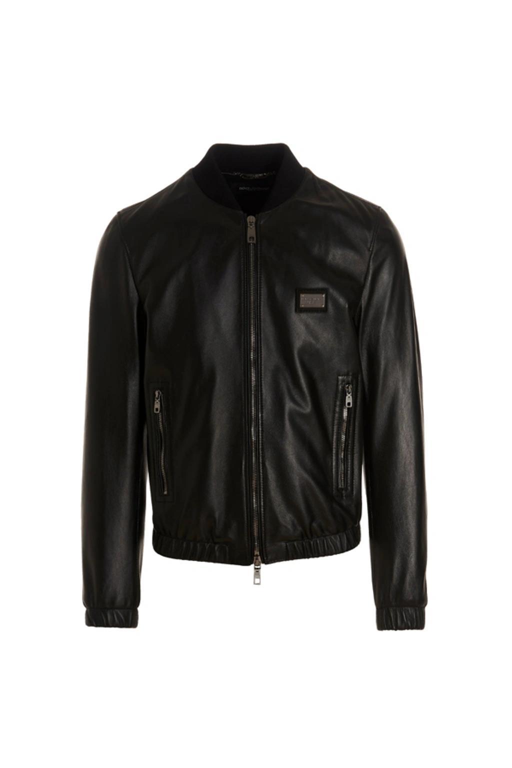 Leather Jacket With Branded Tag In Black Product Image