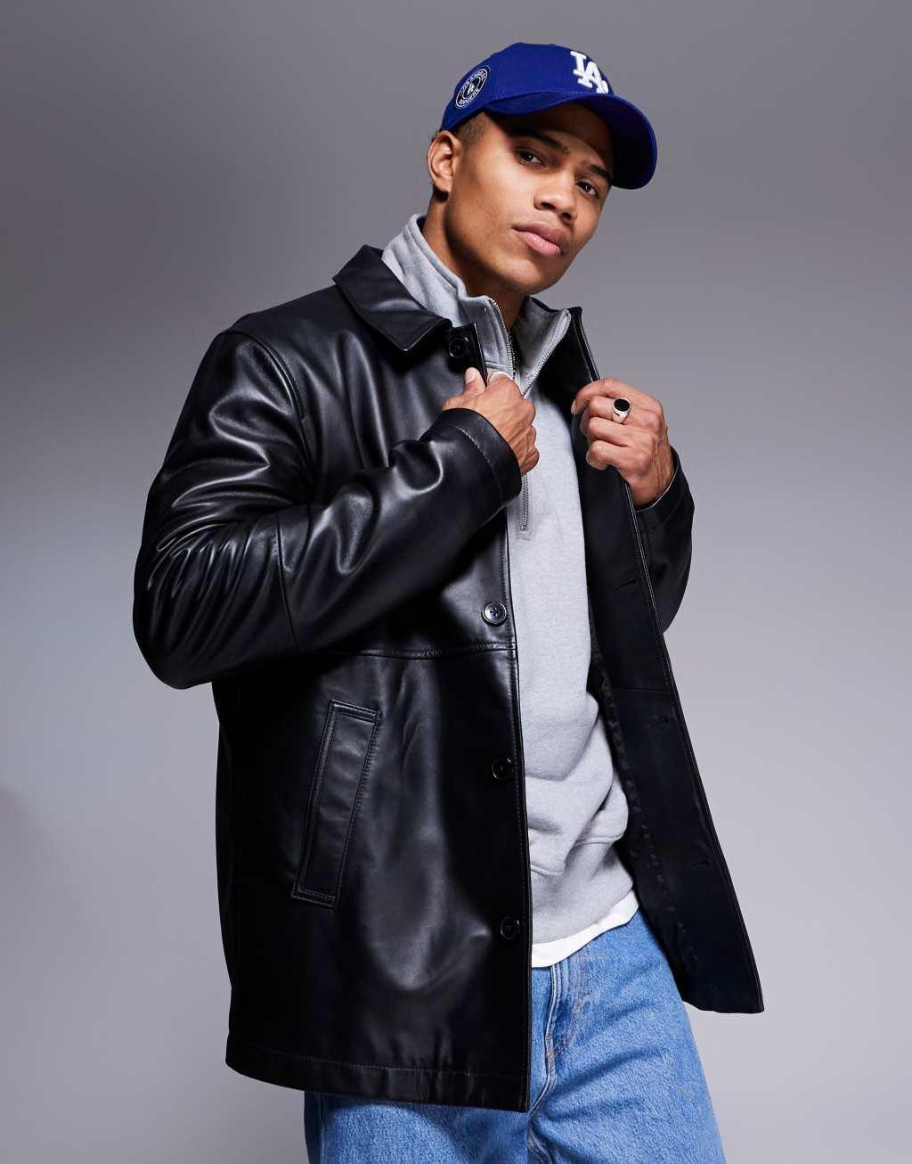 ASOS DESIGN premium real leather harrington jacket in black Product Image