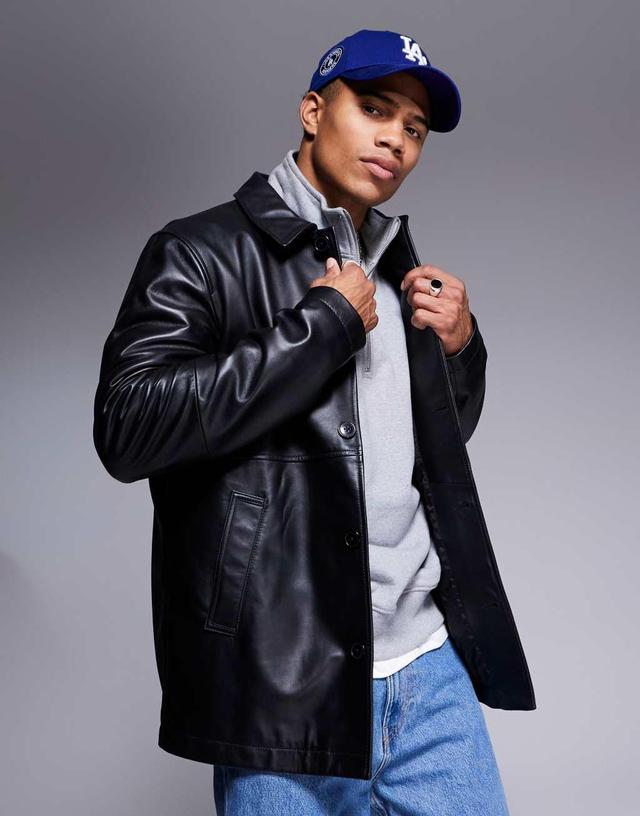 ASOS DESIGN premium real leather harrington jacket in black Product Image