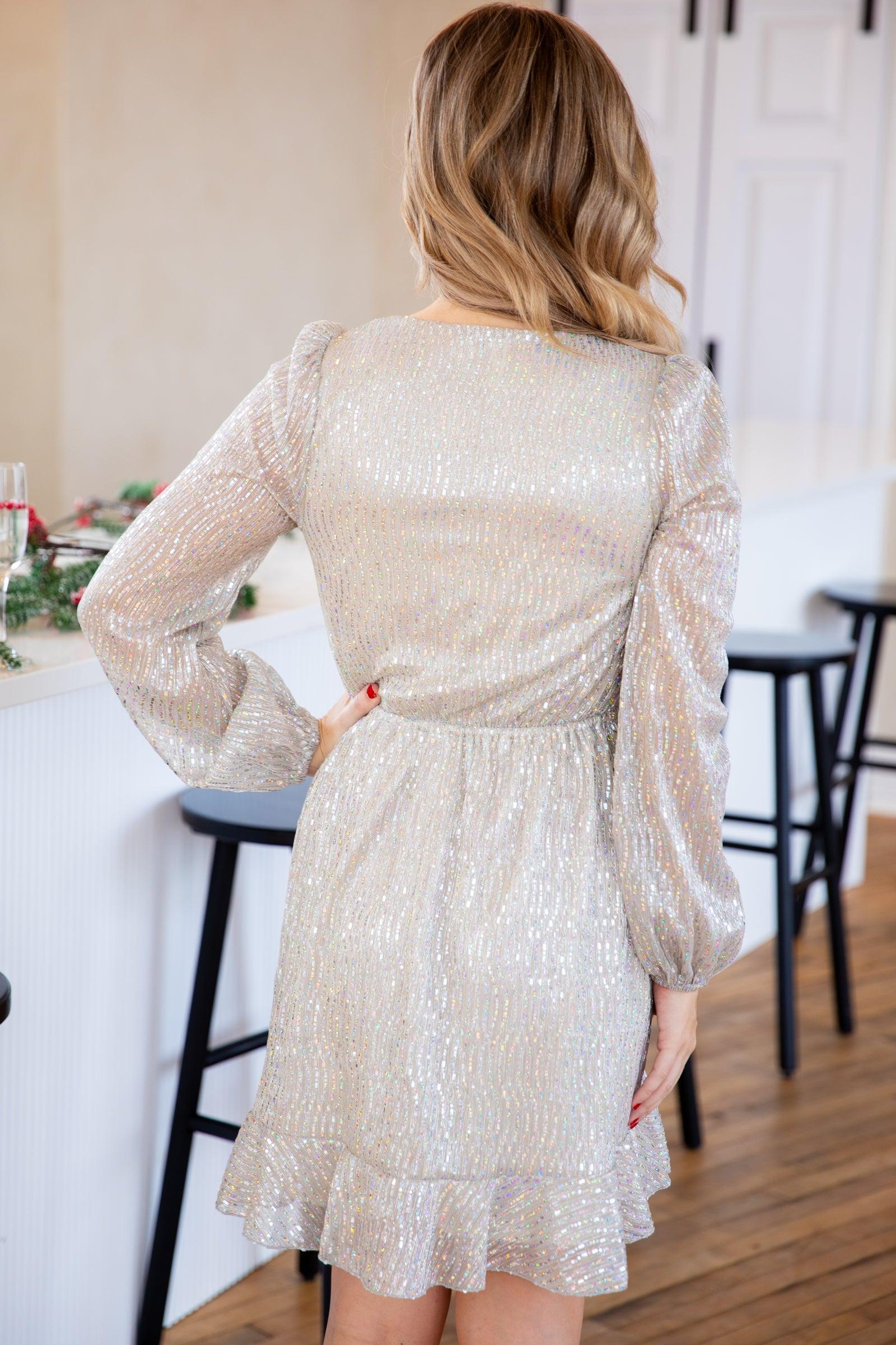 Silver Metallic Long Sleeve Wrap Dress Product Image