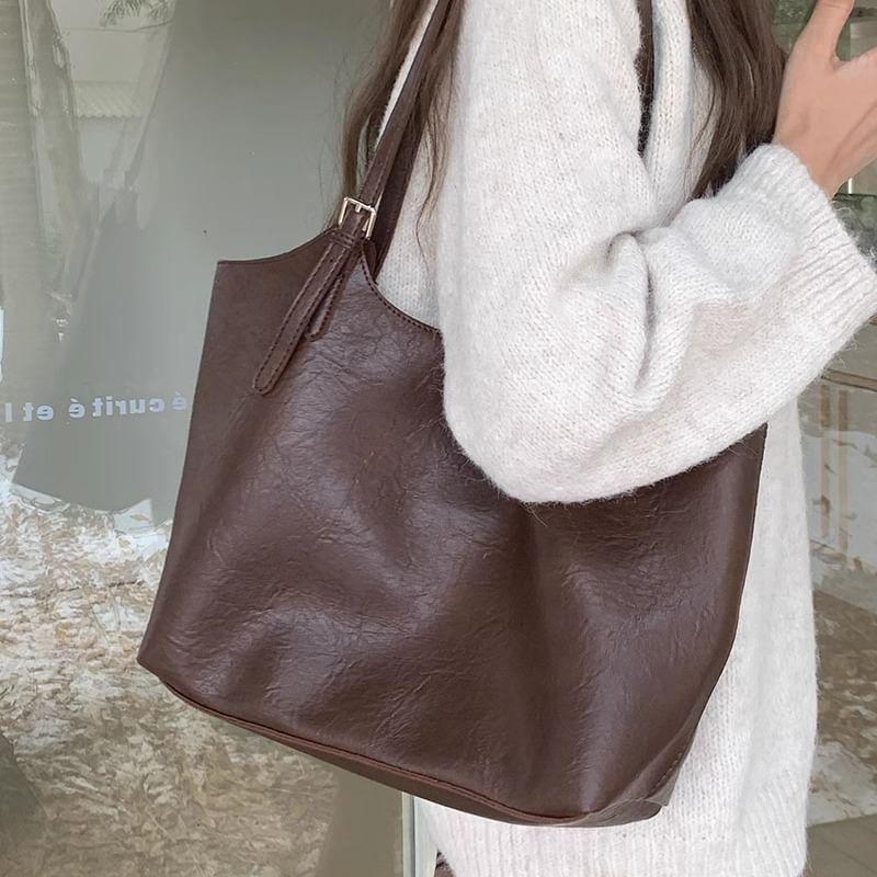 Plain Faux Leather Tote Bag Product Image