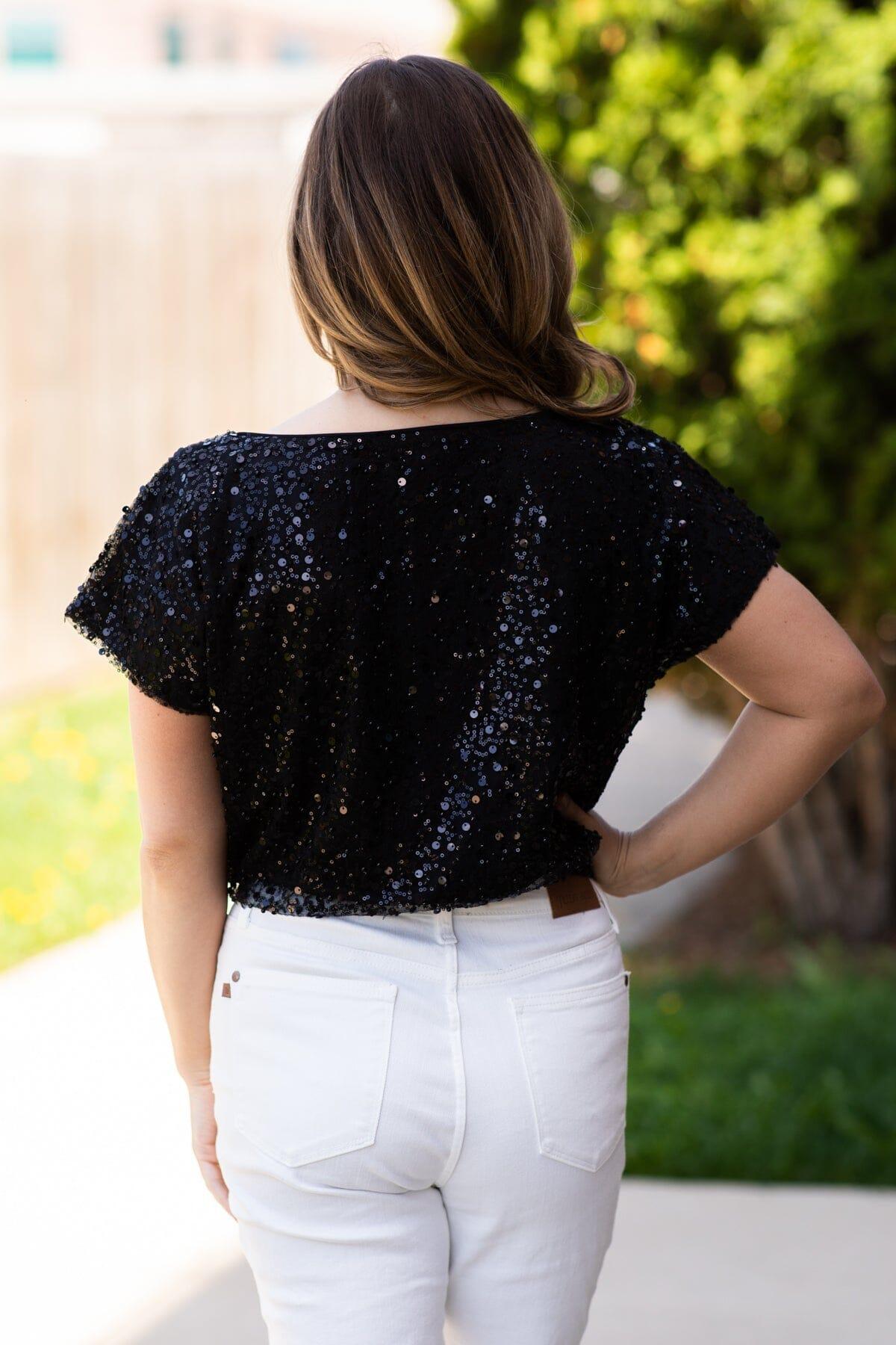 Black Sequin Boat Neck Top Product Image