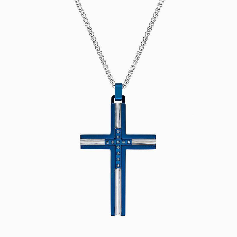 LYNX Mens Blue Ion-Plated Stainless Steel Cross Pendant Necklace with Blue Diamond Accents Multicolor Product Image