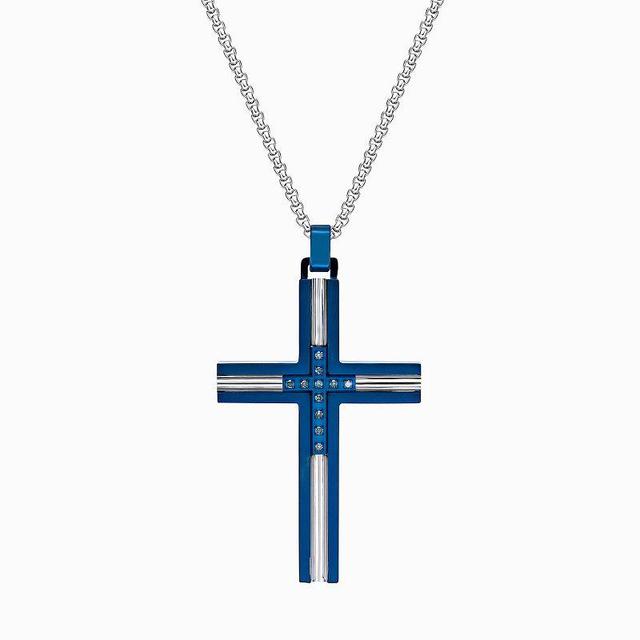 LYNX Mens Blue Ion-Plated Stainless Steel Cross Pendant Necklace with Blue Diamond Accents Two Tone Product Image