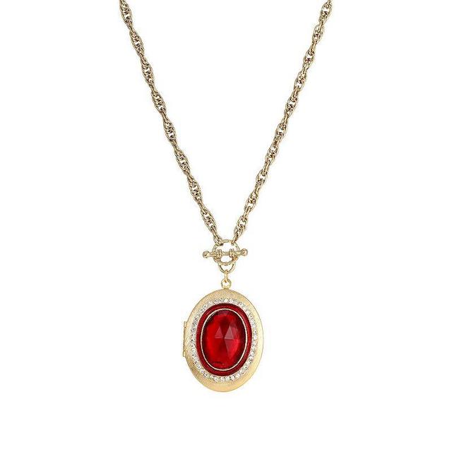 1928 Gold Tone Red Stone and Simulated Crystal Accent Oval Locket Necklace, Womens Product Image