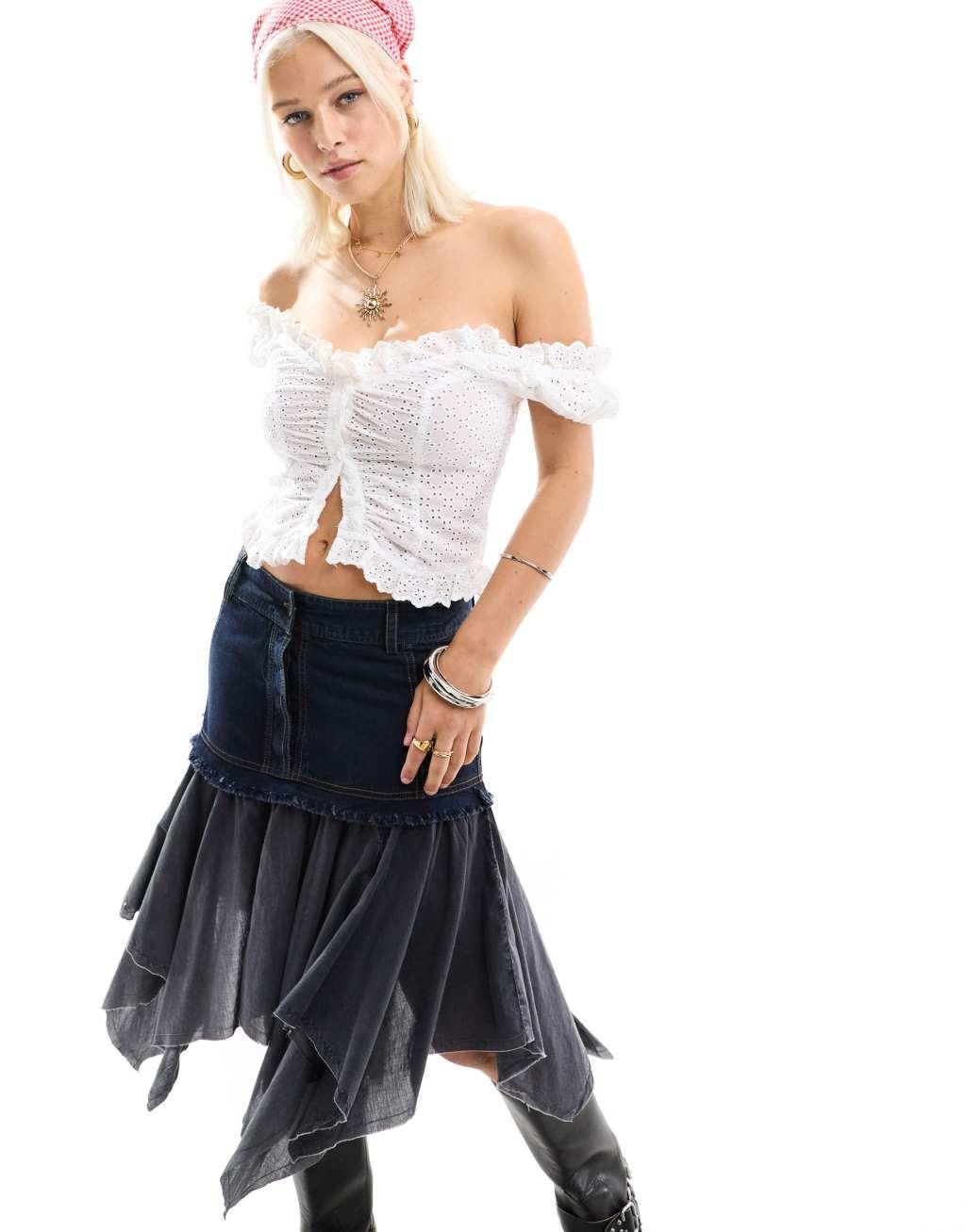 COLLUSION denim hybrid midi skirt with asymmetric hem in washed indigo Product Image