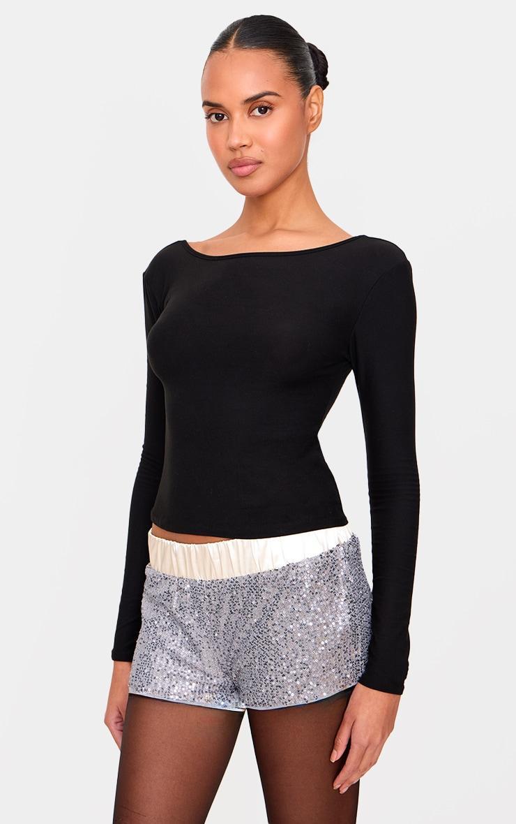 Silver Waistband Detail Sequin Mini Shorts Product Image