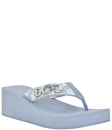 Guess Edany Logo Print Platform Wedge Thong Sandals Product Image