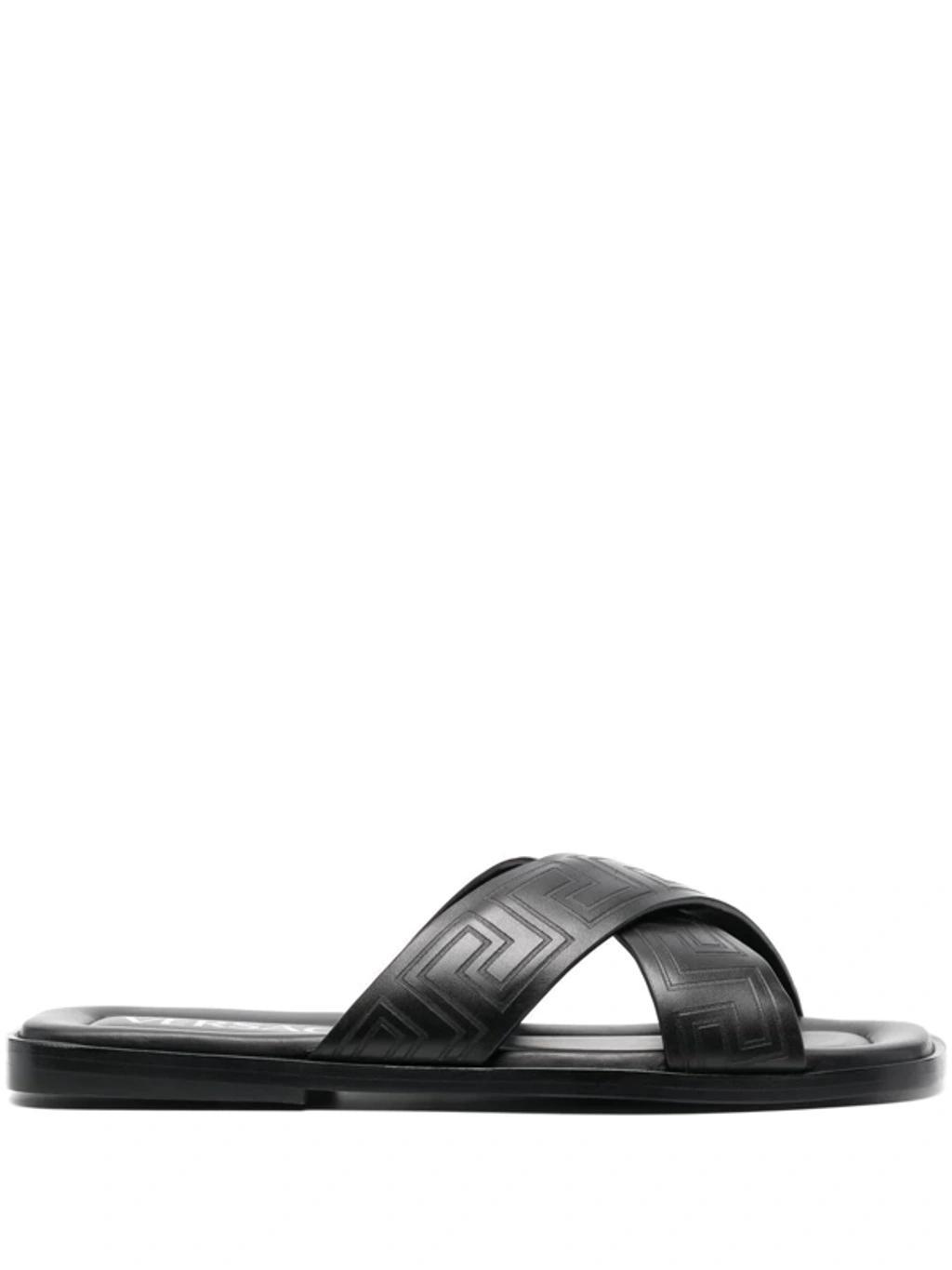 VERSACE Greca-embossed Crossover-strap Sandals In Black Product Image