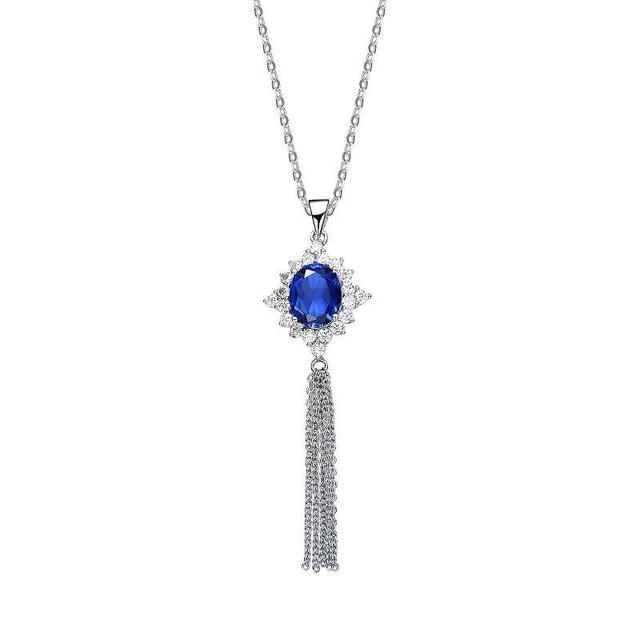 Sterling Silver Blue Cubic Zirconia Tassel Pendant Necklace, Womens Product Image