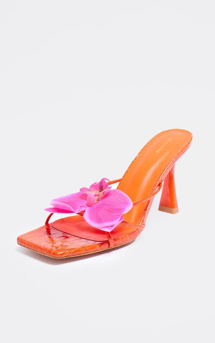 Orange Croc Pu Pink Flower Square Toe Heeled Mules Product Image