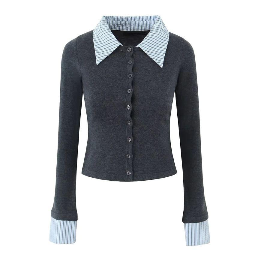 Mock Two-Piece Long-Sleeve Stripe Collar Button-Up Cardigan Product Image