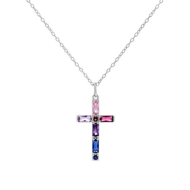 PRIMROSE Sterling Silver Multicolor Cubic Zirconia Baguette & Nano Stone Cross Pendant Necklace, Womens Grey Product Image