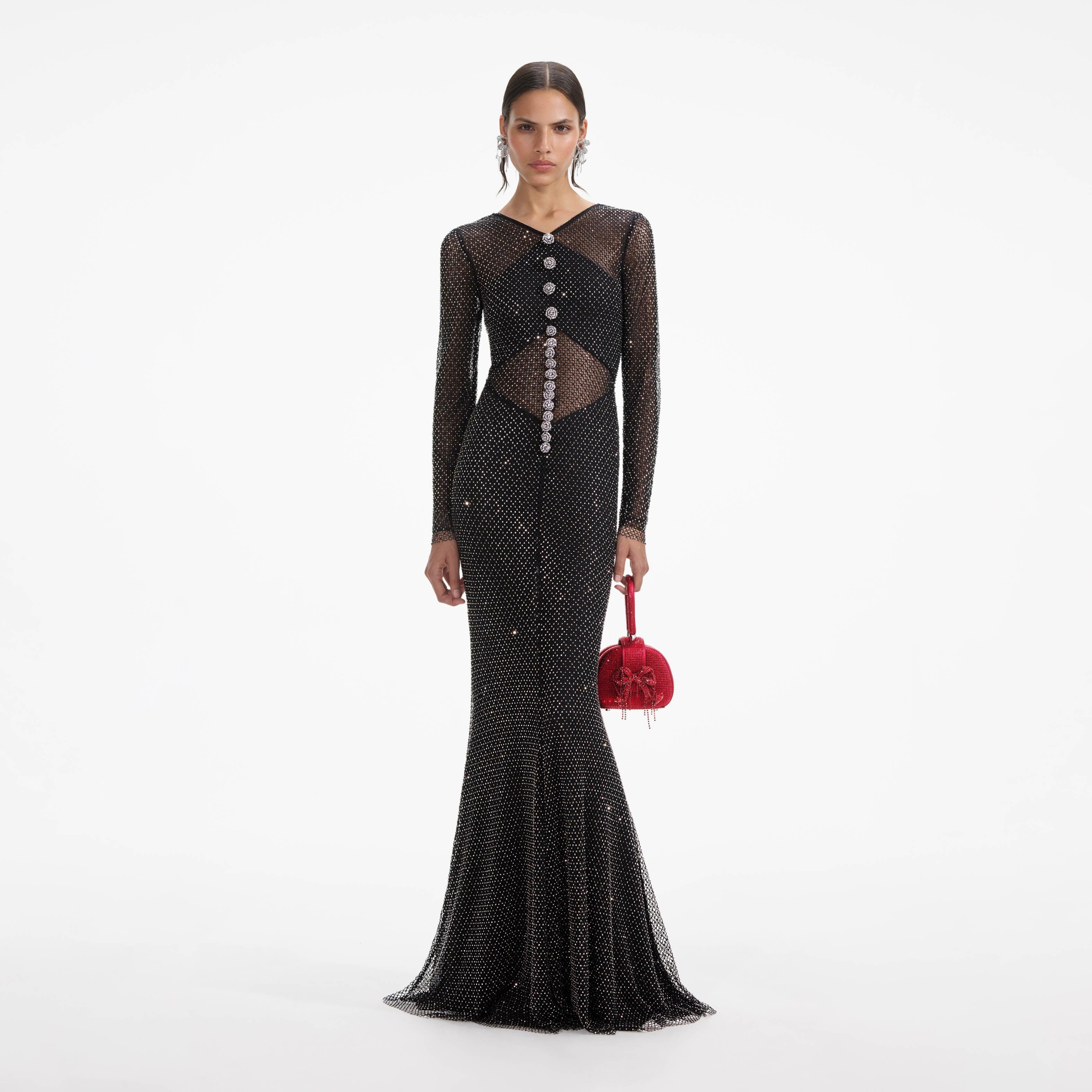 Black Rhinestone Fishnet Crossover Maxi Dress Product Image