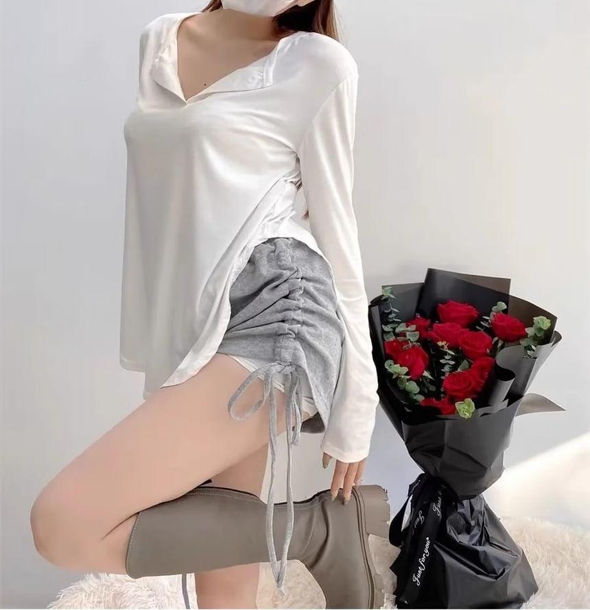 Long-Sleeve Half Buttoned Plain Top Product Image