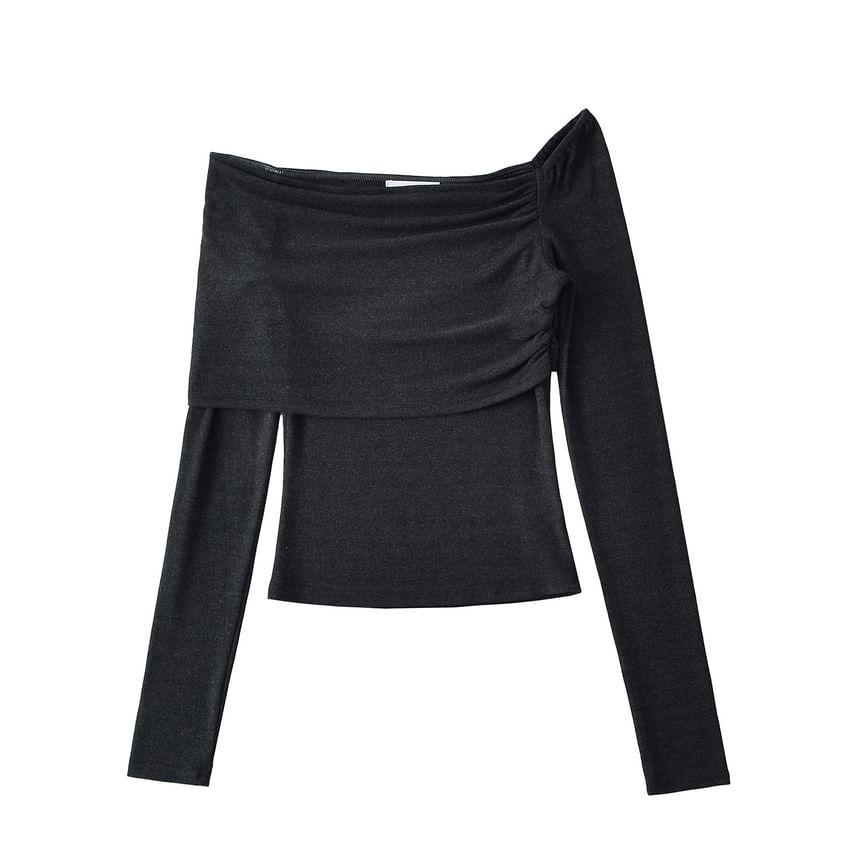 Long Sleeve Off Shoulder Plain Ruched Crop T-Shirt Product Image