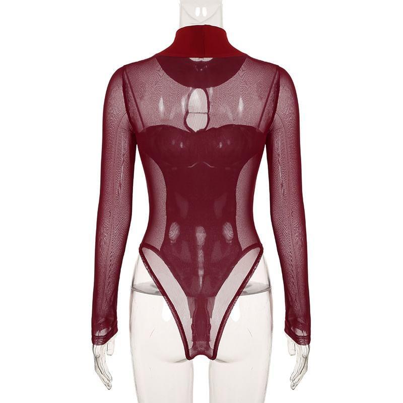 Long-Sleeve Mock Neck Cutout Plain Bodysuit Top Product Image