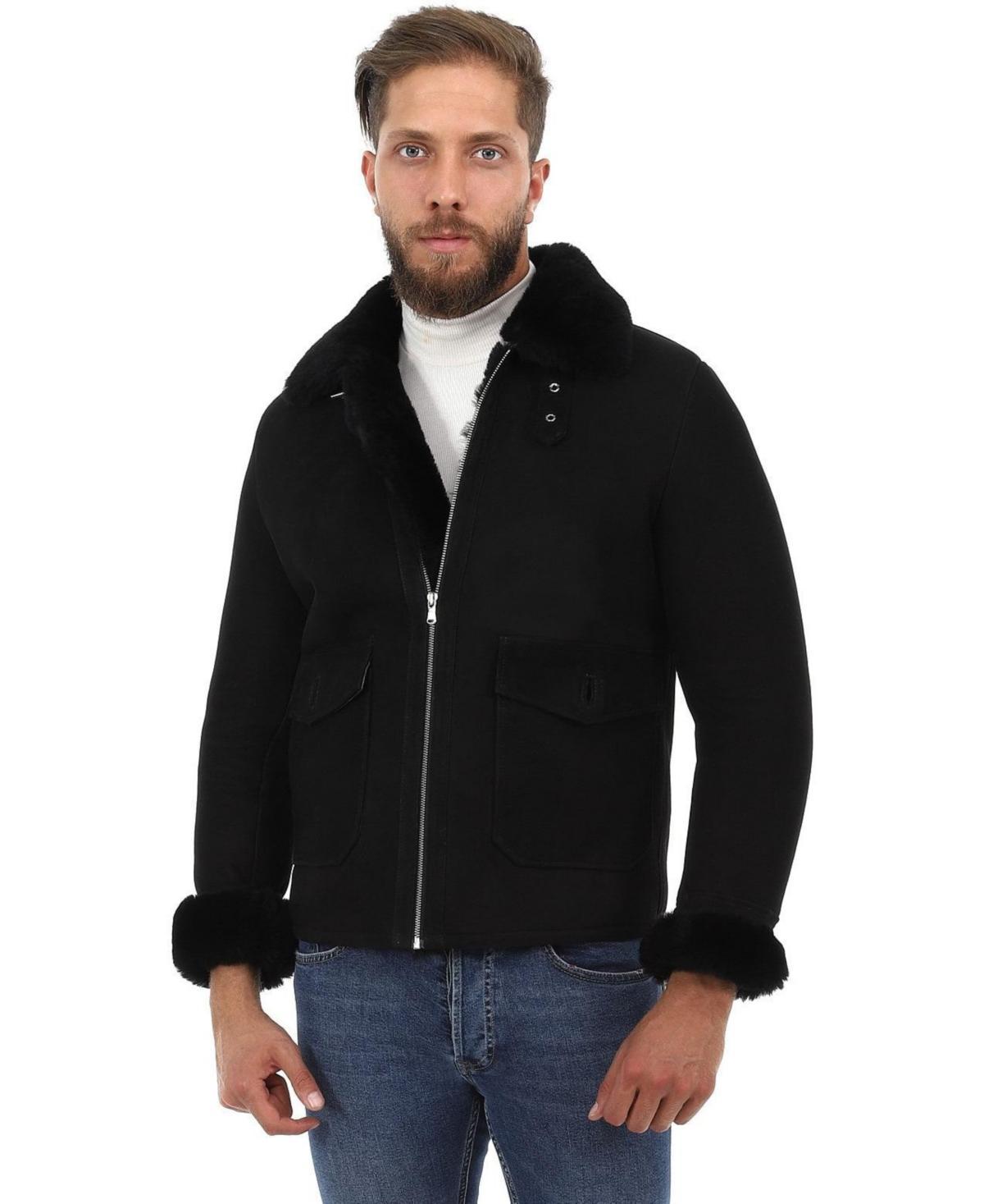 Mens Sheepskin Bomber Jacket Suede with Black Wool - Black Product Image