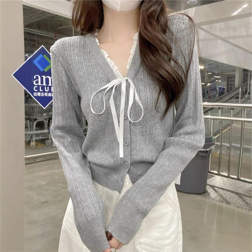 Long Sleeve V-Neck Ruffled-Trim Bow Accent Pointelle Cardigan Product Image