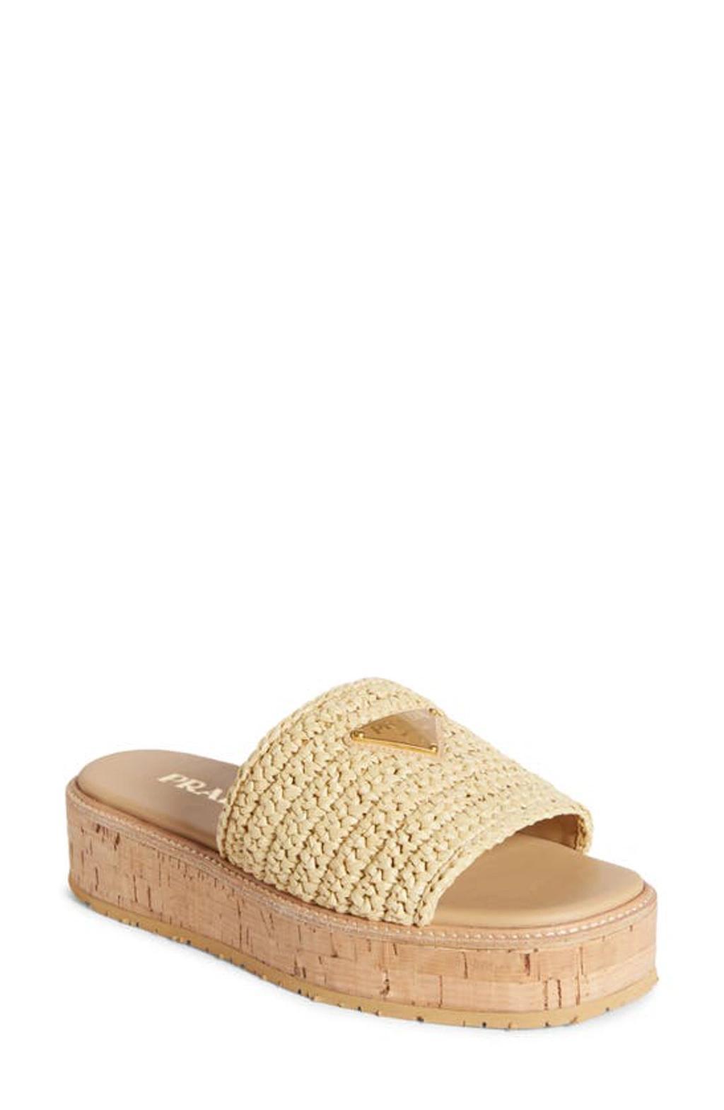 PRADA Raffia Platform Slide Sandal In Beige product image