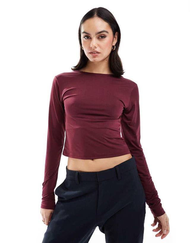 Stradivarius slash neck open back long sleeve top in burgundy Product Image