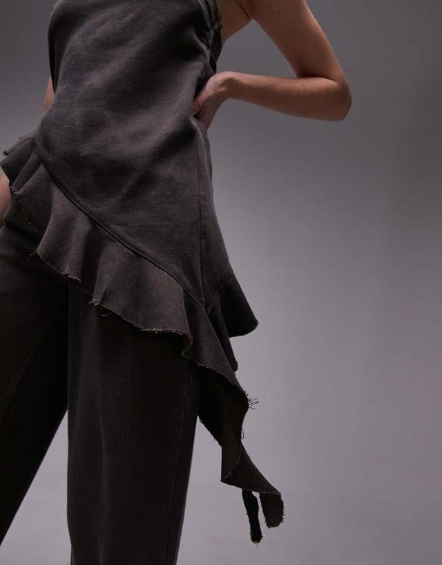 Topshop denim asymmetric cami top with ruffle hem in brown twill - part of a set  Product Image