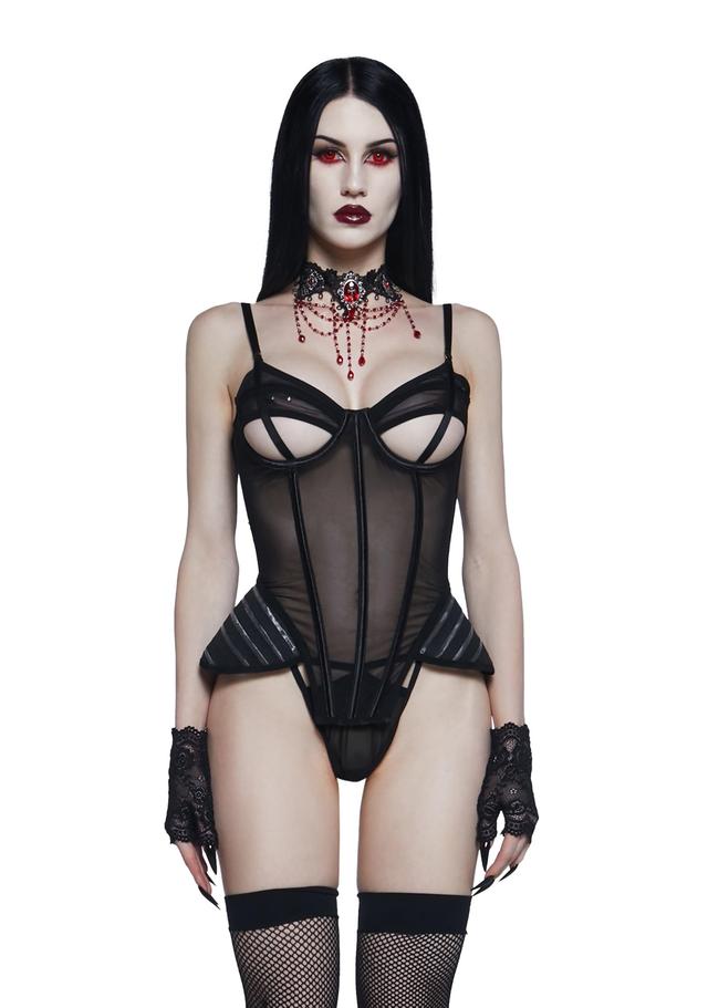 Widow Vampire Goth Sheer Mesh Peekaboo Teddy And Matching Thong Panty Lingerie Set - Black Product Image