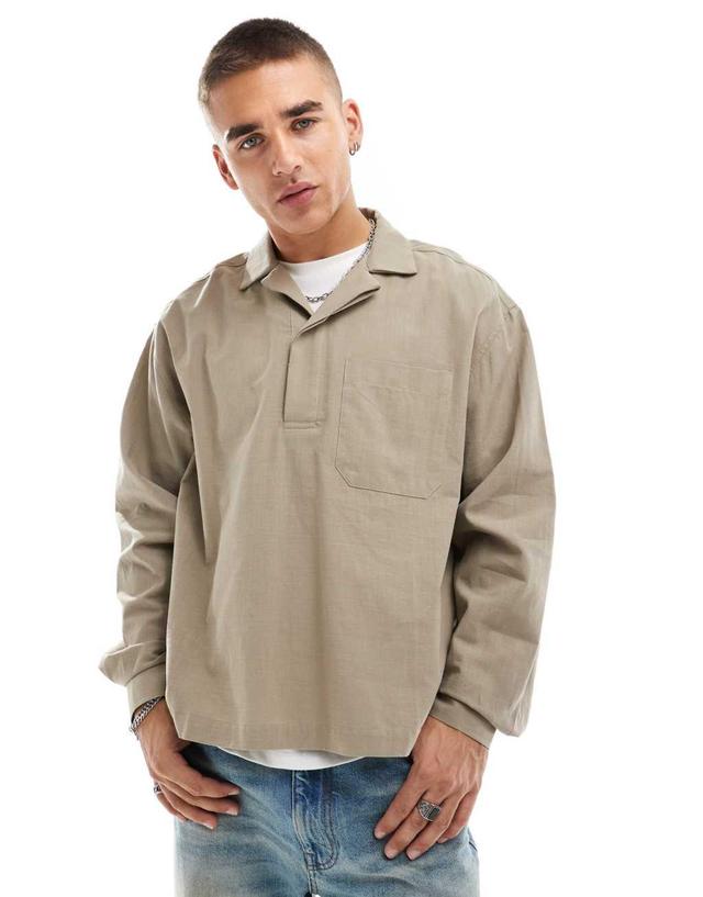 ASOS DESIGN oversized boxy textured shirt in khaki Product Image