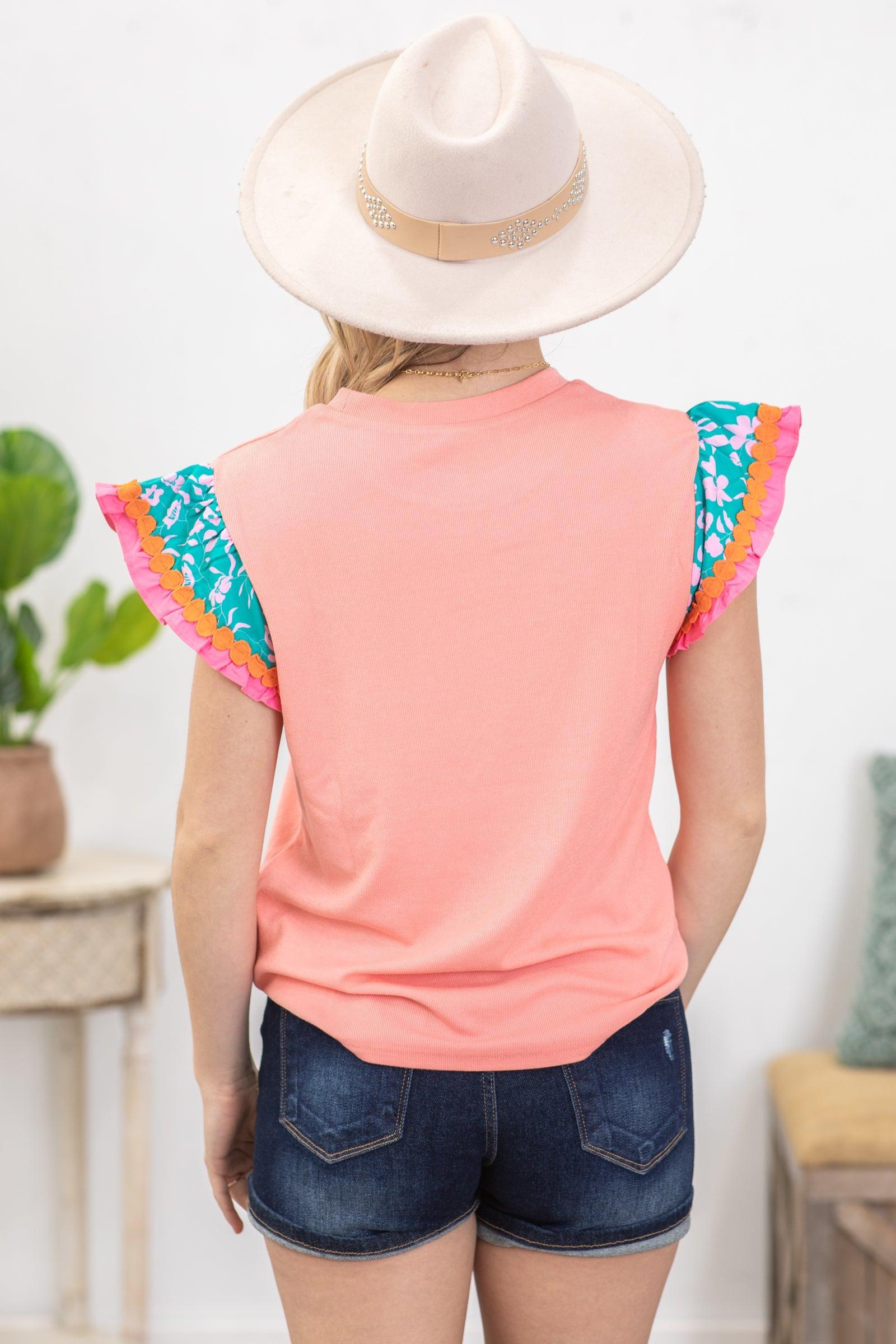 Coral Bloom Contrast Floral Sleeve Woven Top Product Image