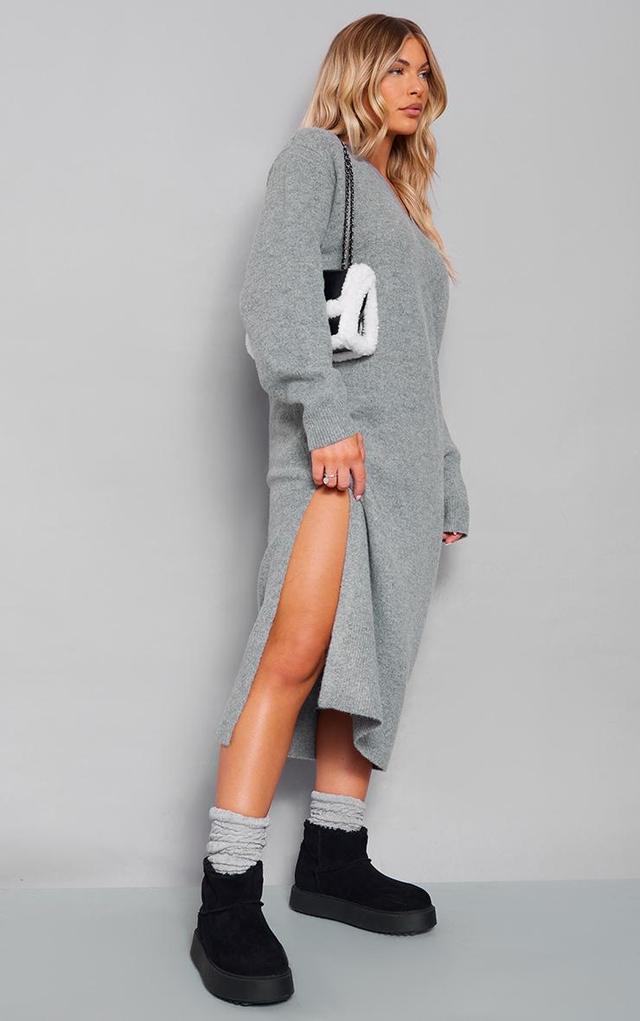 Charcoal Knit V Neck Oversized Slouchy Maxi Dress Product Image