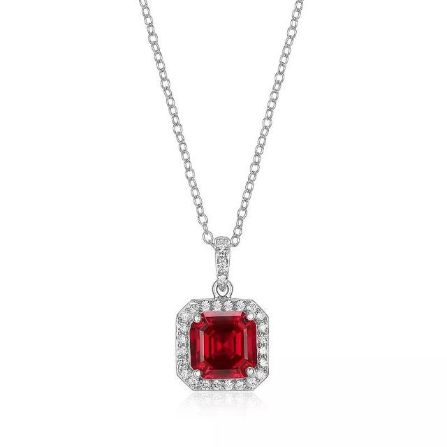 Rhodium Plated Sterling Silver Ruby Lab-Grown Diamond Pendant Necklace, Womens Product Image