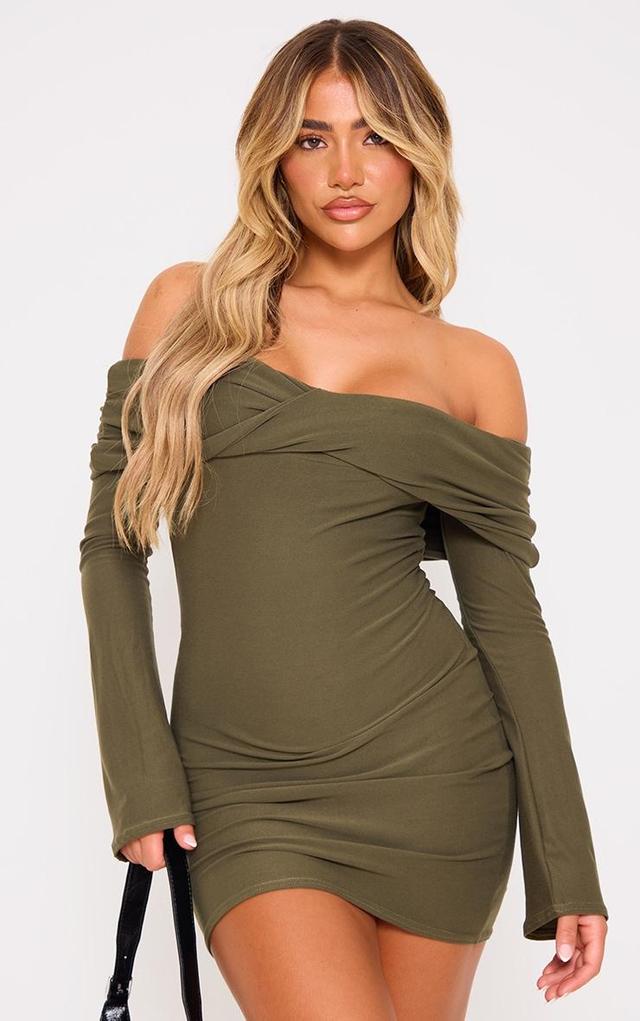 Khaki Soft Touch Twist Bardot Bodycon Dress Product Image