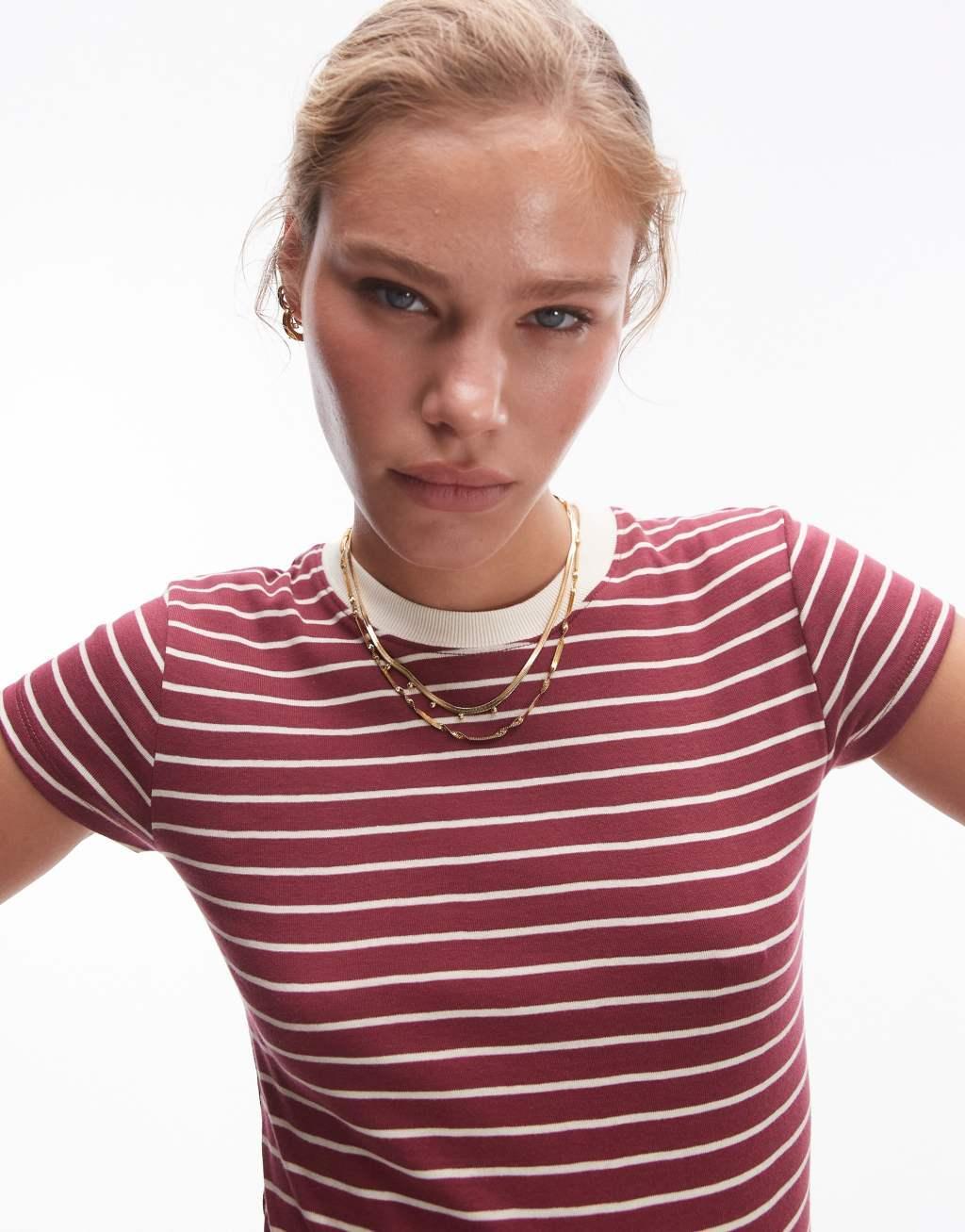 Topshop striped long line everyday tee in burgundy Product Image