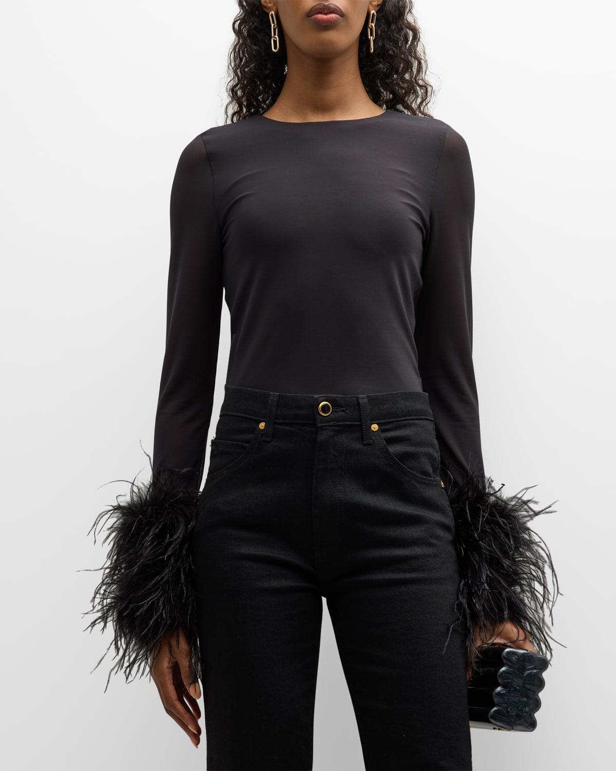 Delaina Mesh Feather-Cuff Crop Top Product Image