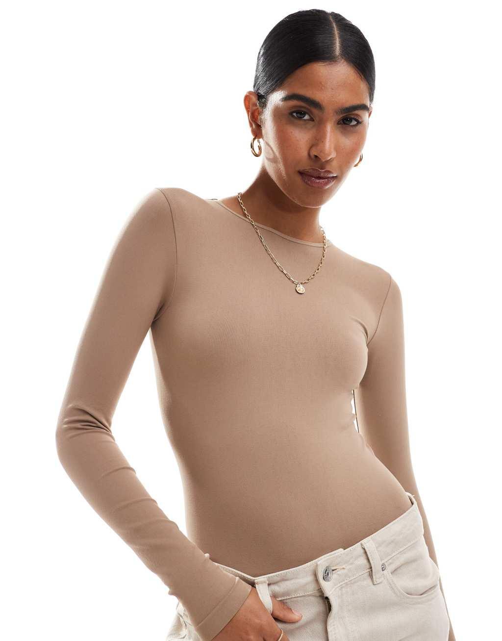 ASOS DESIGN seamless sculpting long sleeve crew neck bodysuit in mocha Product Image