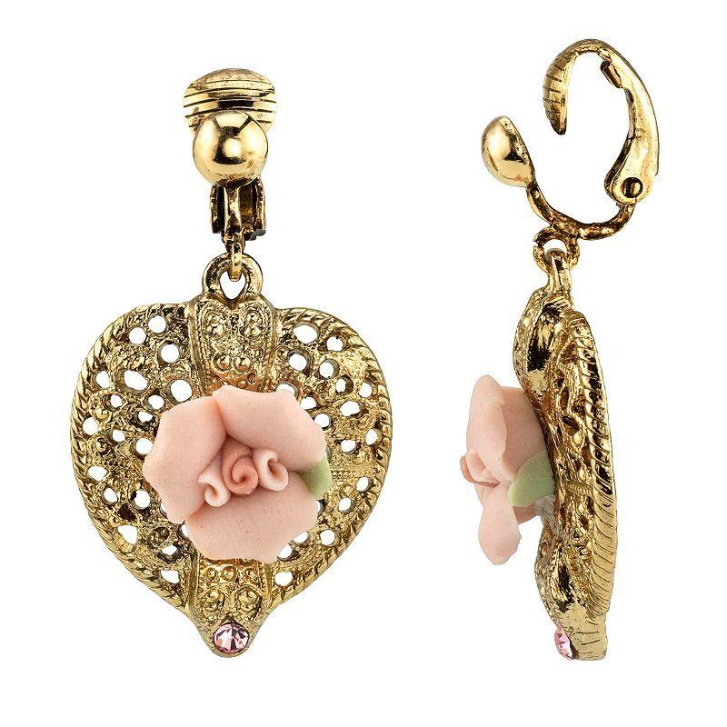 1928 Gold Tone Filigree Pink Rose Detail Heart Drop Earrings, Womens Product Image