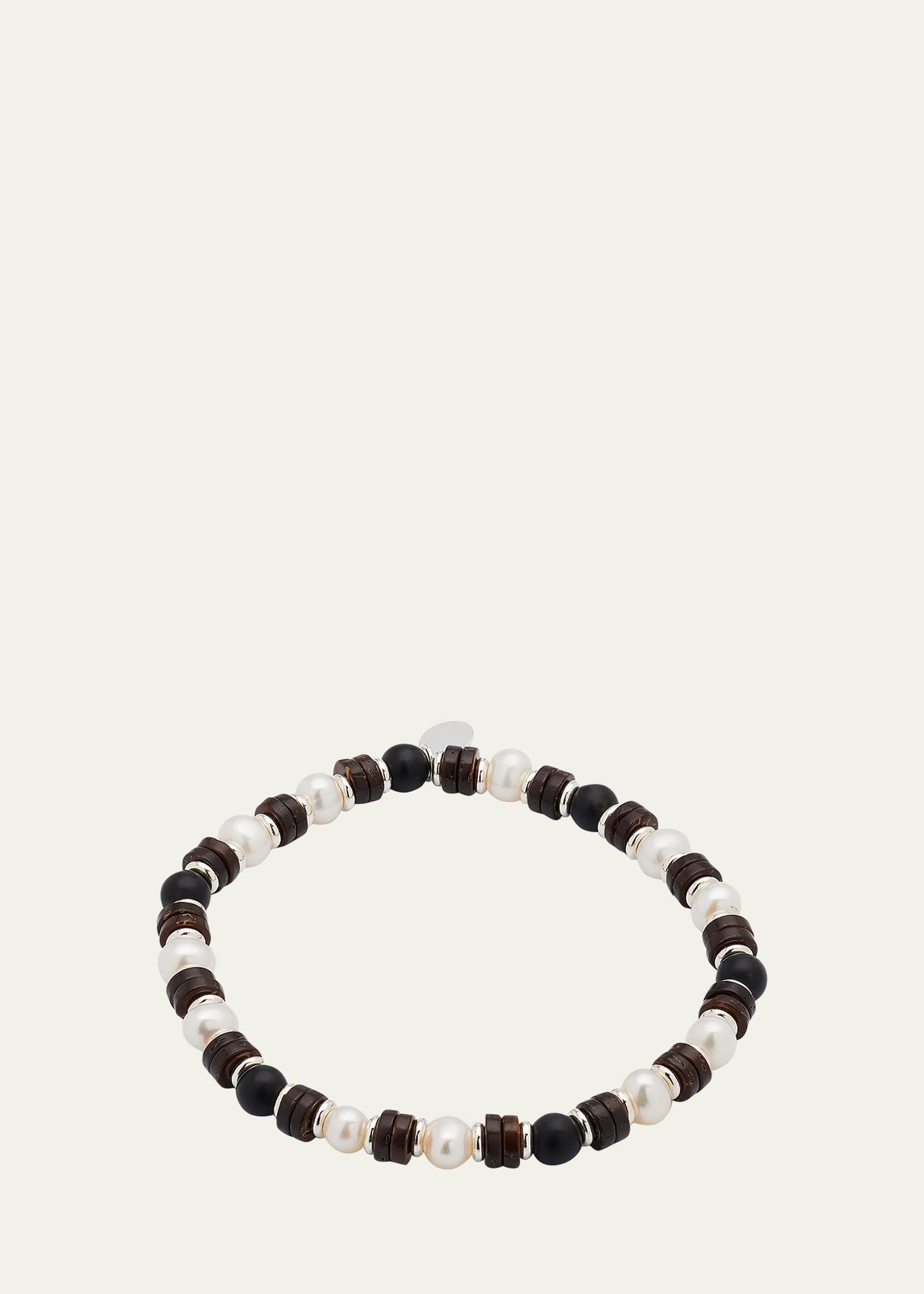 Jan Leslie Cultured Freshwater Pearl, Onyx, Wood & Sterling Silver Stretch Bracelet Product Image