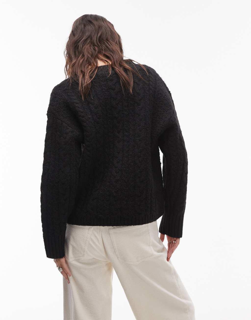 Topshop knitted v-neck cable detail relaxed cardigan in black Product Image