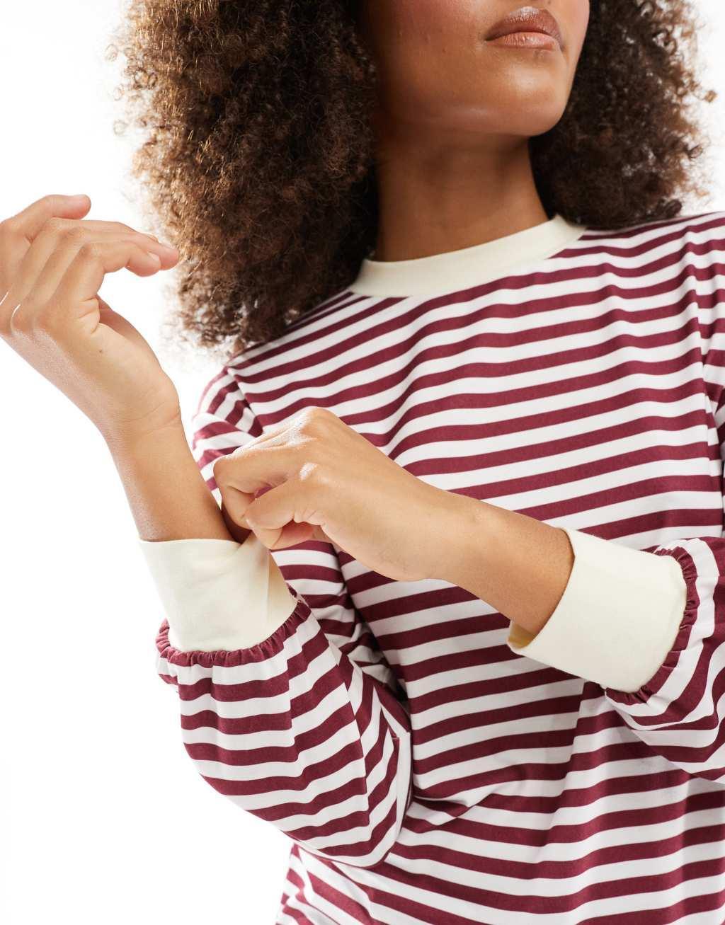 ASOS DESIGN long sleeve striped top with contrast cuffs and neckband in burgundy Product Image