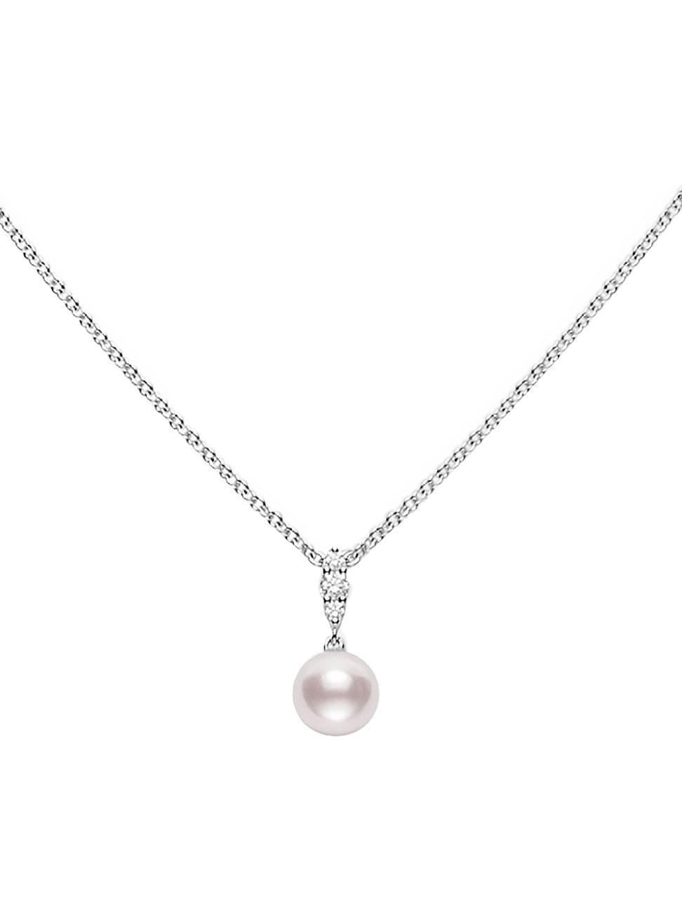 Womens Morning Dew 18K White Gold, Diamond & Akoya Pearl Pendant Necklace Product Image