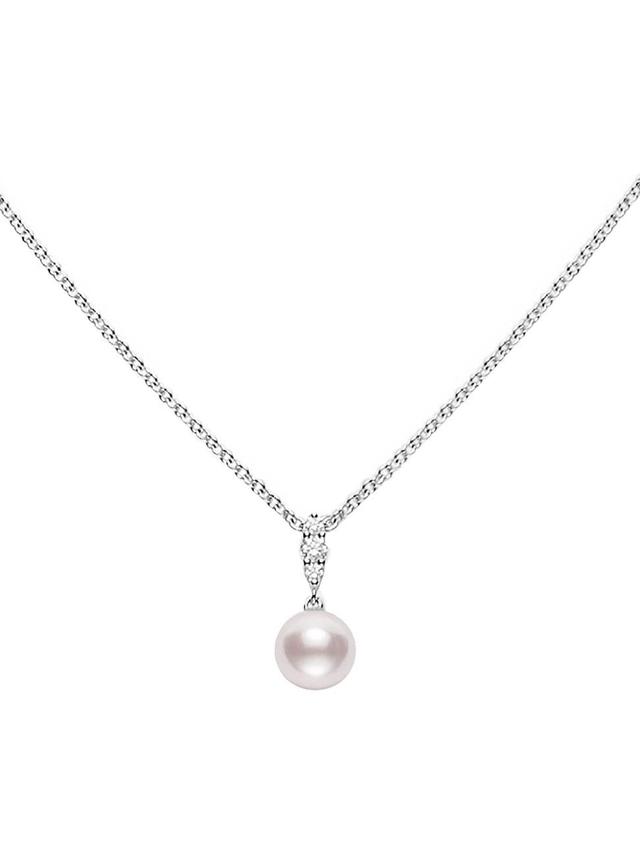 Womens Morning Dew 18K White Gold, Diamond & Akoya Pearl Pendant Necklace Product Image