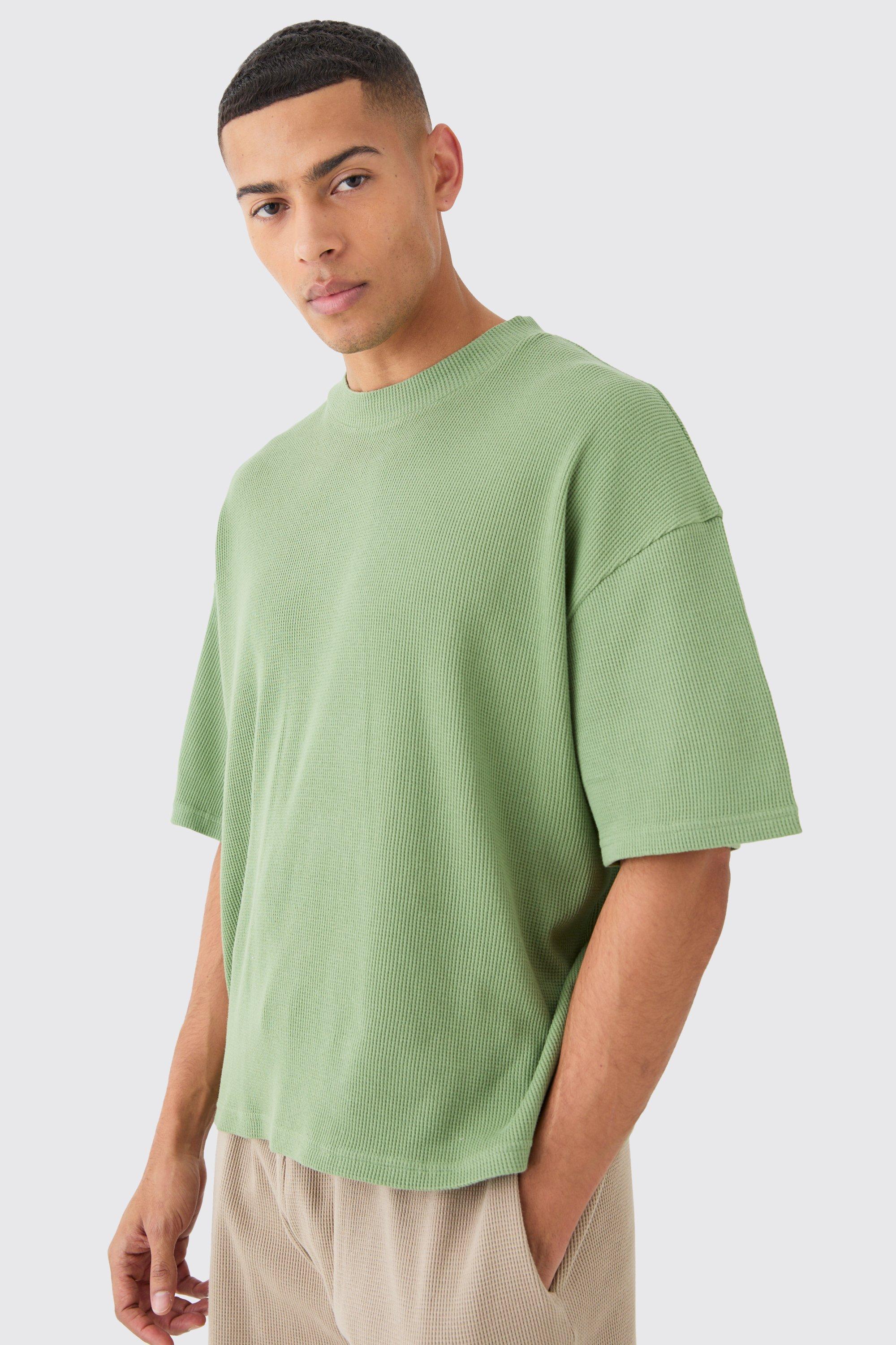 Mens Green Oversized Boxy Waffle T-shirt, Green Product Image